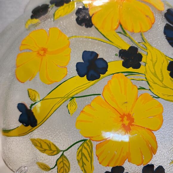 Gorgeous Reverse Painted Vtg. Ruffled Edge Gilt Trimmed Pebbled Bowl Yellow Blue - Picture 7 of 10